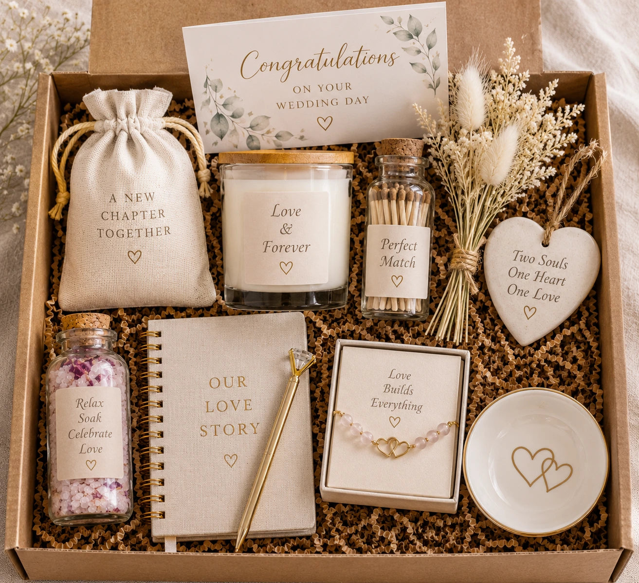 Wedding Wellness Gift Box with 8 personalised gifts including couple bracelets, candle, bath salts, journal, ceramic keepsake and romantic wellness products in a luxury gift box.