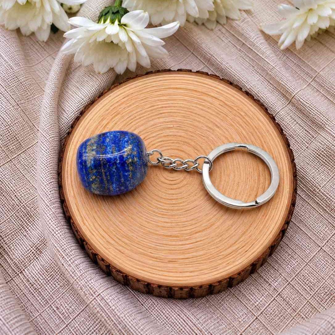 Llavero de lapislázuli natural con piedra en tonos azul intenso y matices dorados, diseño elegante y único para llevar tus llaves con estilo