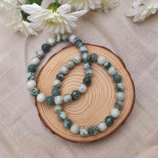 Pulsera de ágata árbol natural de 6 mm con piedras en tonos blancos, grises y marrones, diseño elegante y natural para uso diario