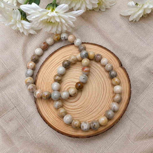Pulsera de ágata crazy lace natural de 6 mm con piedras en tonos blancos, grises y marrones, diseño elegante y único para uso diario