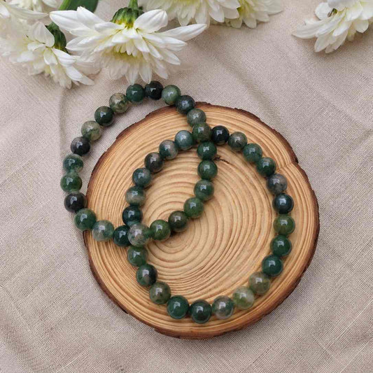 Pulsera de ágata musgo natural de 6 mm con piedras en tonos verdes, blancos y naturales, diseño elegante y único para uso diario