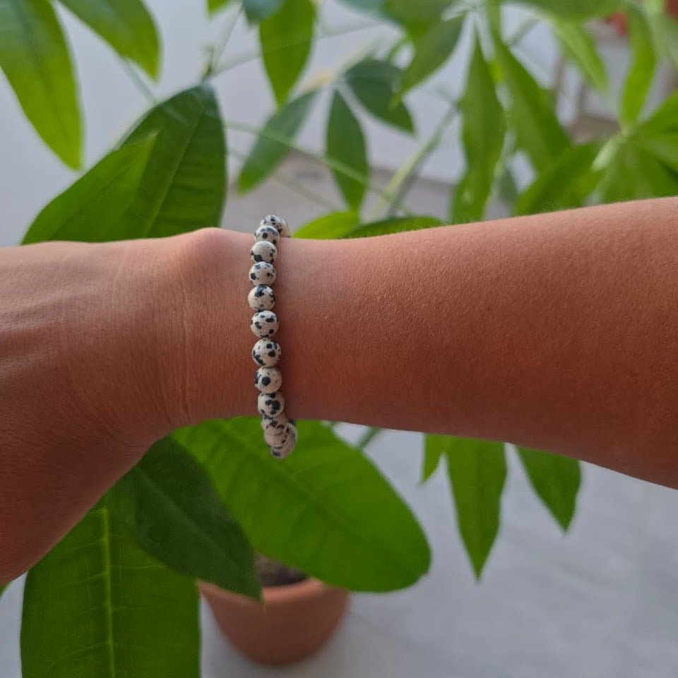 Pulsera de jaspe dálmata natural de 6 mm llevada en la muñeca, con piedras beige y manchas negras, diseño elegante y natural