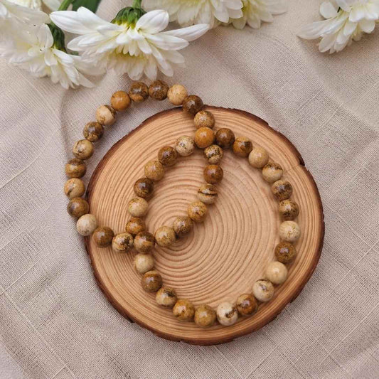 Pulsera de jaspe paisaje natural de 6 mm con piedras en tonos marrones, beige y tierra, con patrones únicos inspirados en paisajes naturales
