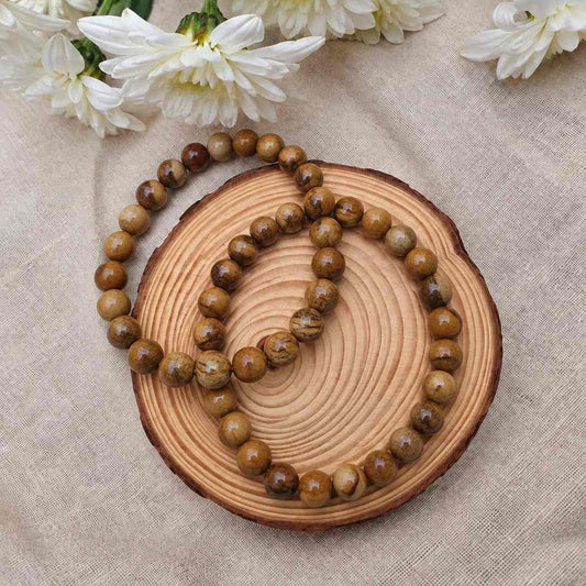 Pulsera de madera fósil natural de 6 mm con cuentas en tonos marrones y beige, diseño elegante y natural para uso diario