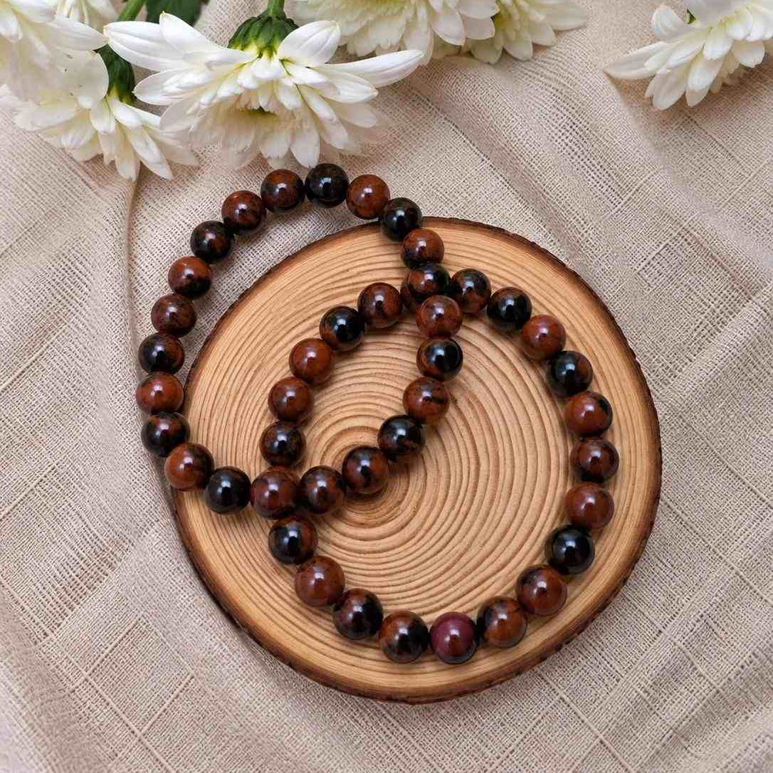Pulsera de obsidiana caoba natural de 6 mm con piedras en tonos marrón rojizo y negro, diseño elegante y natural para uso diario