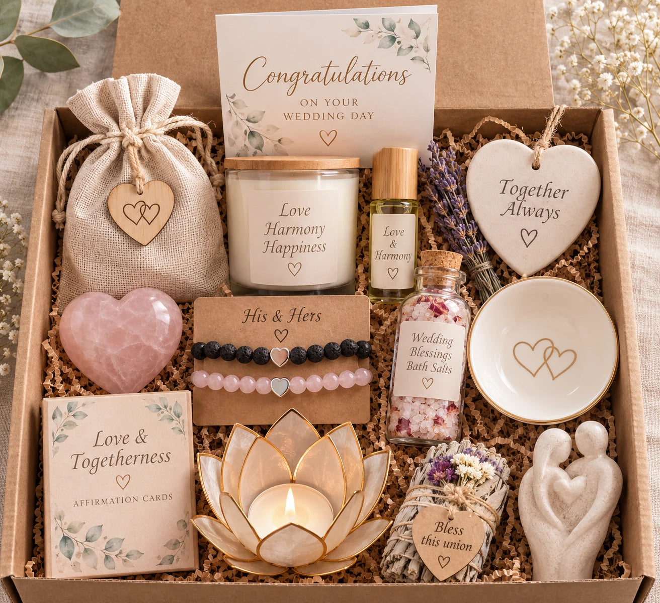 Luxury Wedding Wellness Gift Box with 12 personalised gifts including healing crystals, couple bracelets, candle, bath salts, affirmation cards and romantic keepsakes for newlyweds.