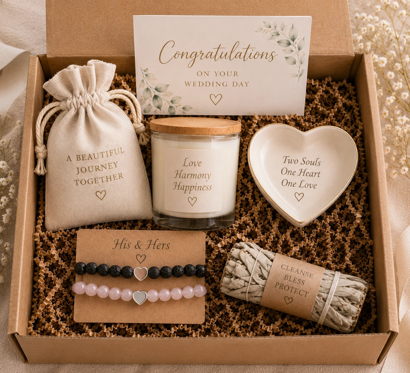 Wedding Wellness Gift Box with 5 carefully selected gifts including couple bracelets, scented candle, White Sage, ceramic heart dish and personalised wedding card in a premium kraft gift box.